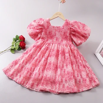 Элегантное платье для девочек, стереоскопические розовые платья в цветочек, детский праздничный свадебный костюм, роскошная одежда принцессы, роскошный халат от 2 до 10 лет