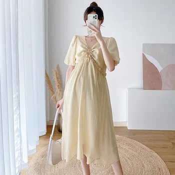 Элегантная юбка для беременных в стиле французского ретро, летнее платье для беременных 2022, новое свободное и тонкое платье для беременных в западном стиле с короткими рукавами