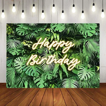 Летний тропический фон для Дня рождения Гавайская неоновая вечеринка Фотографический фон Баннер Зеленые листья джунглей