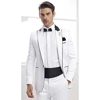 Элегантные костюмы для мужчин, белый шикарный блейзер с отворотом и одной пуговицей, модный формальный смокинг для жениха на выпускной, Свадебный смокинг из 2 предметов, мужской костюм