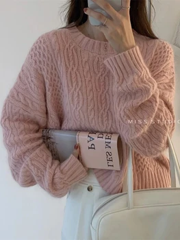 2021 Женский свитер, пуловер, женская вязаная верхняя одежда с длинным рукавом, свободная элегантная вязаная толстая верхняя одежда, женские зимние свитера
