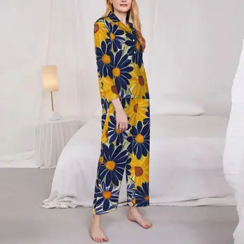 Пижамы Женские с цветочным принтом, пижамы для спальни, синие и желтые, пижамный комплект из 2 предметов, Модный домашний костюм Оверсайз с длинным рукавом