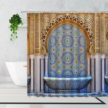 Марокканская занавеска для душа Состаренные Ворота Геометрический узор Дизайн Дверного проема Входные Архитектурные Занавески для ванной в восточном стиле
