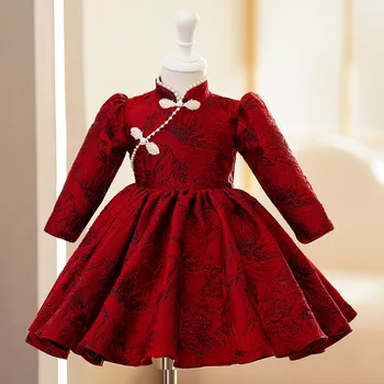 Новогоднее платье для новорожденных девочек в китайском стиле с длинными рукавами, винно-красное жаккардовое платье-пачка принцессы, детское платье для вечеринки на 1 день рождения