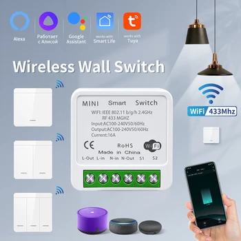 Tuya WiFi Умный Выключатель Света Умный Дом Беспроводной RF 433 МГц Кнопочный Настенный Выключатель Через Alexa Google Home Приложение Alice Smart Life