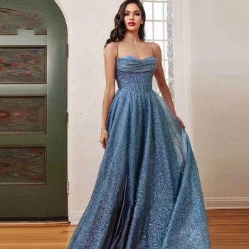 Вечернее платье OUSIRUI 2024 на тонких бретельках большого размера, блестящий пыльно-голубой тюль цвета шампанского, вечерние платья с блестками большого размера
