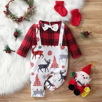 Зимний комбинезон для новорожденных, Рождественский комбинезон для малышей, для мальчиков и девочек, комбинезон с длинными рукавами и принтом Рождественского Оленя, одежда для 0-24 м