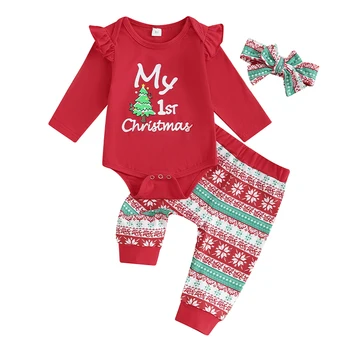 Рождественские наряды для маленьких девочек, комбинезон с длинными рукавами и штанами с принтом в виде елки и снежинок, комплект одежды для новорожденных