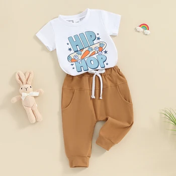 Пасхальная одежда для маленьких мальчиков, футболки с короткими рукавами и буквенным принтом кролика, топы и штаны для бега трусцой, одежда для маленьких мальчиков