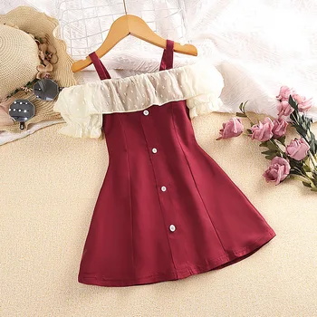 Модные платья для девочек, летнее детское кружевное красное платье с открытыми плечами, платья с коротким рукавом для девочек, детское вечернее платье Vestidos