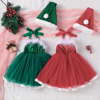 Рождественское платье для маленьких девочек со шляпой, комплект из 2 предметов, рождественский костюм, комплект детской новогодней одежды для маленьких девочек