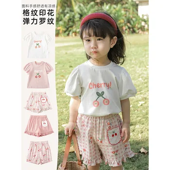 Комплект шорт, футболка с короткими рукавами вишневого цвета для девочек, Летний Новый детский милый топ, детские штанишки