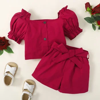 Комплект одежды для девочек из 2 предметов, однотонная блузка с коротким рукавом-фонариком + шорты, модный праздничный костюм для девочек 1-6 лет