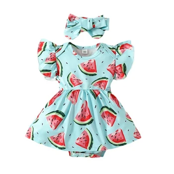 Летняя одежда для маленьких девочек, комбинезон с милым принтом в виде арбуза, платье с длинными рукавами, повязка на голову, комплект одежды из 2 предметов