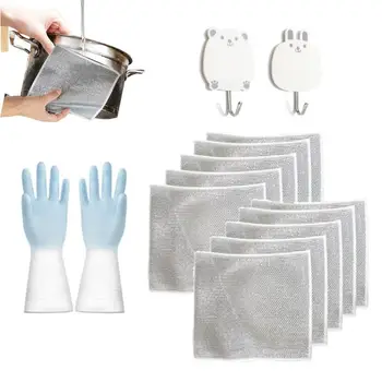 Проволочные тряпки для мытья посуды, Многоразовая волокнистая ткань для чистки с перчатками для мытья посуды, Многофункциональный скраб для мытья посуды без царапин