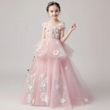 Высококачественная Розовая Бутик-Одежда Для Девочек, Праздничные Детские Платья С Цветочным Узором Для Девочек