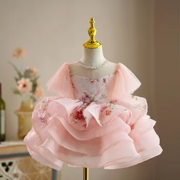 Летние платья для красивых девочек, вечеринка по случаю дня рождения, Церемония причастия, платье принцессы, Розовые кружевные аппликации, детское бальное платье, Элегантный костюм