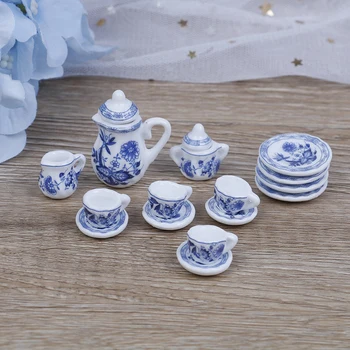 15шт Кукольный домик 1:12 миниатюрная посуда с синим цветком, фарфоровые кофейные чашки для чая