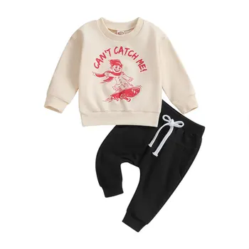 Рождественская одежда для маленьких мальчиков с буквенным принтом Скейтборд Топы с длинными рукавами, Однотонные брюки, комплект осенней одежды из 2 предметов