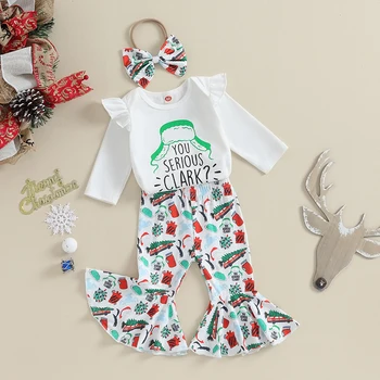 Рождественские наряды для маленьких девочек, комбинезон с длинными рукавами и рюшами, расклешенные брюки, комплект с повязкой на голову, Рождественские расклешенные штаны для маленьких девочек