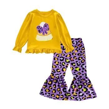 Рождественский наряд для маленькой девочки Фиолетовые расклешенные брюки с леопардовым принтом, топ с рисунком Рождественской шляпы, комплект из 2 предметов