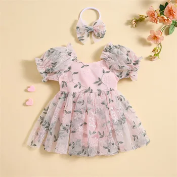 Летняя одежда для новорожденных Девочек, пышный комбинезон с коротким рукавом и вышивкой в цветочек, повязка на голову с бантом
