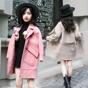Новые осенние шерстяные зимние пальто для девочек, смешанная куртка, двустороннее пальто, Повседневная детская одежда средней длины, детская одежда S47