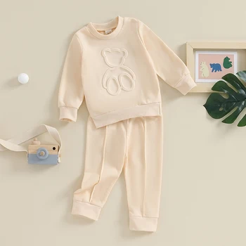 Комплект одежды из 2 предметов для девочек и мальчиков, толстовка с круглым вырезом и изображением медведя и спортивные штаны, комплект одежды