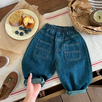 Детские джинсовые брюки 2023, весна-осень, новые повседневные простые однотонные штаны Haren в корейском стиле в стиле ретро, детские джинсы