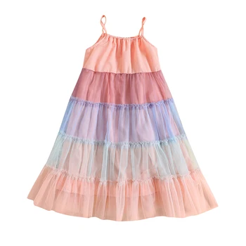 Bmnmsl, платье трапециевидной формы для девочек, платье без рукавов в радужную полоску, повседневное сетчатое платье в стиле пэчворк для пляжной вечеринки, летняя одежда