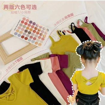Летняя детская Модная Хлопковая футболка с короткими эластичными рукавами и галстуком-бабочкой для девочек 2-7 лет