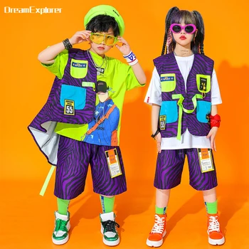 Детский жилет в стиле хип-хоп, шорты-карго, летняя уличная одежда для девочек, полосатый жилет для мальчиков, детские джазовые костюмы для уличных танцев, комплекты одежды