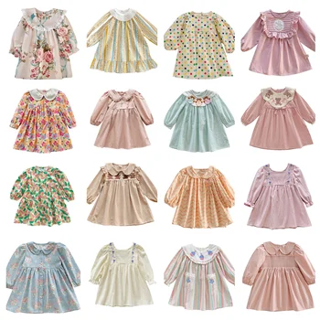 Детские платья для девочек, кружевное платье с длинными рукавами и милым цветочным рисунком для маленьких девочек, осеннее Корейское платье принцессы 2023 года
