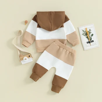 Комплект одежды для маленьких мальчиков, топы контрастного цвета с капюшоном, Эластичные брюки, Милый Осенне-зимний наряд для новорожденных