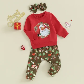 Малышка, Мой первый Рождественский наряд, Санта, Толстовка с длинным рукавом, расклешенные брюки в рубчик, Осенне-зимний комплект одежды Baby s First