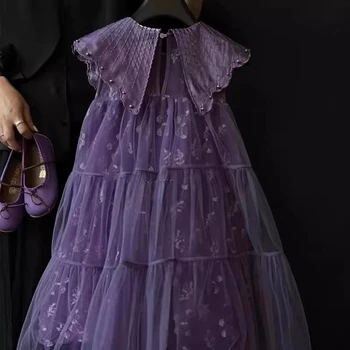 Платье для девочек в летнем лесном стиле, платье из суперсмертной пряжи, модное детское фиолетовое сетчатое красное темпераментное платье