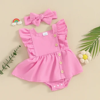 Комплект из 2 предметов для маленькой девочки, платье-комбинезон с квадратным вырезом и рукавами-ширинками на пуговицах, Однотонная повязка на голову, летняя одежда для малышей