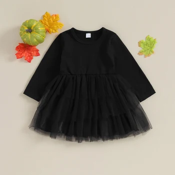 Платье Ведьмы на Хэллоуин для маленьких девочек, однотонное фатиновое платье трапециевидной формы в стиле пэчворк с длинными рукавами и круглым вырезом на шее