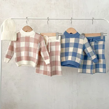 Осенне-зимний комплект одежды для новорожденных мальчиков и девочек, вязаный пуловер в клетку с длинными рукавами, свитер + Брюки, костюм для маленьких девочек