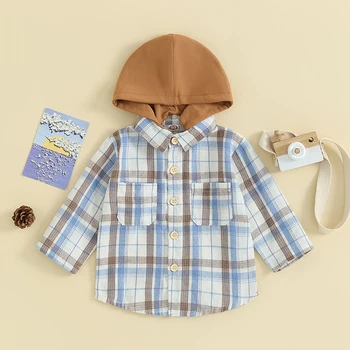 Рубашки В клетку с капюшоном для малышей, топы с длинными рукавами и карманами на пуговицах, куртки, осенняя одежда