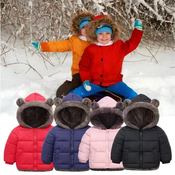 Очаровательная плюшевая куртка для мальчиков Осень Зима, Милые Медвежьи ушки, сохраняющие тепло, пальто принцессы для девочек, верхняя одежда на молнии с капюшоном для детей 1-4 лет