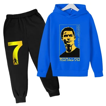 Весенне-Осенний комплект с капюшоном Ronaldo, Повседневная Детская Синяя толстовка, Брюки, Комплект из 2 предметов, Повседневная спортивная одежда Для мальчиков