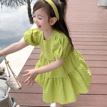 Летняя Зеленая детская одежда в стиле Лолиты для маленьких девочек, Повседневное платье миди, детские платья для подростков, праздничный Сарафан принцессы 6 лет