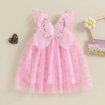 Тюлевое платье с блестками и сердечным принтом для маленьких девочек, кружевное платье-пачка для принцессы, платье-фея для девочек в цветочек, наряды