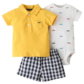 Комплект из 3 предметов летней одежды для мальчиков и девочек 2023 года, Повседневная хлопковая футболка в полоску с рисунком из мультфильма + Боди + Шорты, Комплект одежды для новорожденных BC232