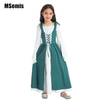 Детские нарядные костюмы в стиле средневекового Ренессанса для девочек с квадратным вырезом и длинными расклешенными рукавами, регулируемое платье на шнуровке