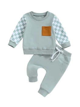 Комплект из толстовки с длинными рукавами и штанов в клетку для маленькой девочки - стильный осенне-зимний наряд для малышей