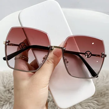Градиентные солнцезащитные очки без оправы Для женщин и мужчин Фирменный дизайн Роскошные Металлические Солнцезащитные очки UV400 красного цвета Модный Тренд Мужские И женские Очки 2024 года