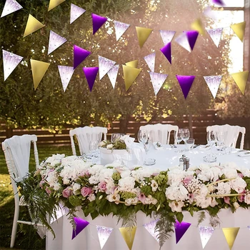 Фиолетово-золотые треугольные флаги на день рождения, баннерные украшения для женщин, девочек, Подвесная гирлянда на День рождения, свадебные принадлежности
