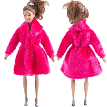 Ярко-розовая модная зимняя одежда, длинное меховое пальто для кукол Барби, наряды, платья для кукол, аксессуары для кукол Barbie 1/6 BJD